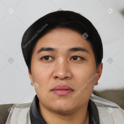 Neutral asian young-adult male with short  black hair and brown eyes