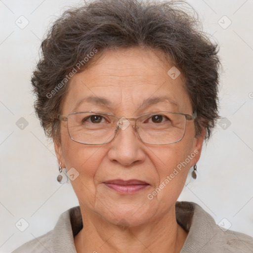 Joyful white middle-aged female with short  brown hair and brown eyes