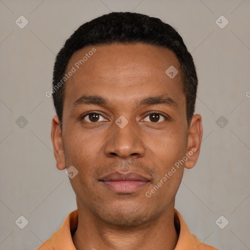 Neutral latino young-adult male with short  black hair and brown eyes