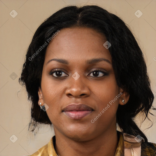 Joyful black young-adult female with medium  black hair and brown eyes