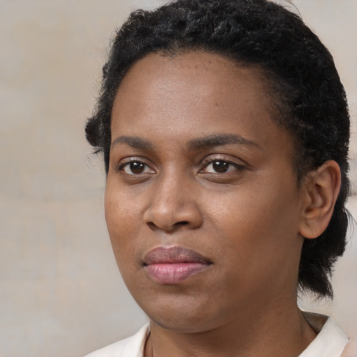 Joyful black young-adult female with short  black hair and brown eyes