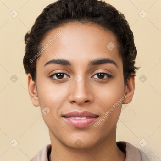 Joyful latino young-adult female with short  brown hair and brown eyes