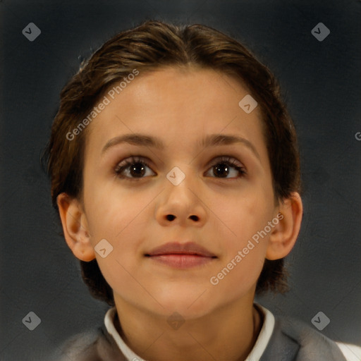 Neutral white young-adult female with short  brown hair and brown eyes