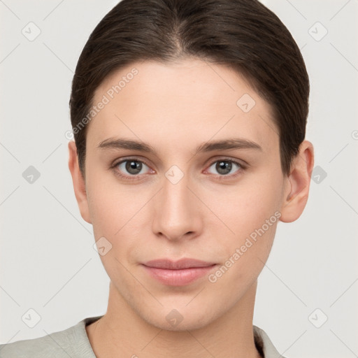 Neutral white young-adult female with short  brown hair and brown eyes