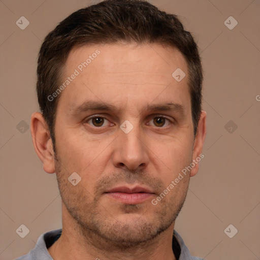 Neutral white adult male with short  brown hair and brown eyes