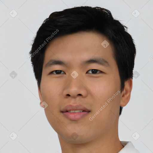 Neutral asian young-adult male with short  black hair and brown eyes