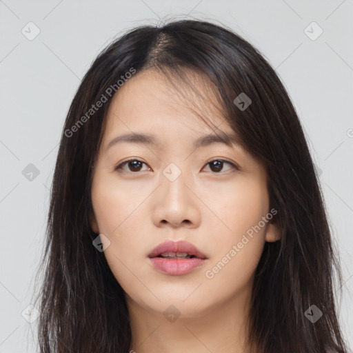 Neutral asian young-adult female with long  brown hair and brown eyes