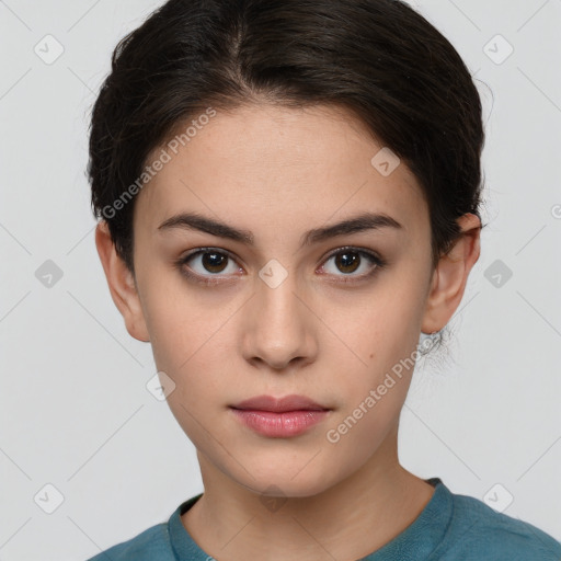 Neutral white young-adult female with short  brown hair and brown eyes