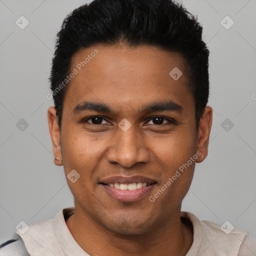 Joyful latino young-adult male with short  black hair and brown eyes