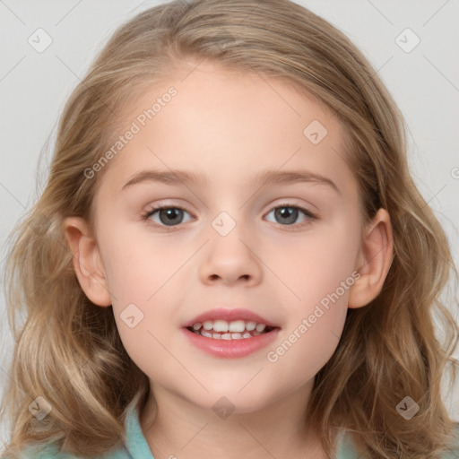 Joyful white child female with medium  brown hair and blue eyes