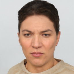 Neutral white adult female with short  brown hair and brown eyes