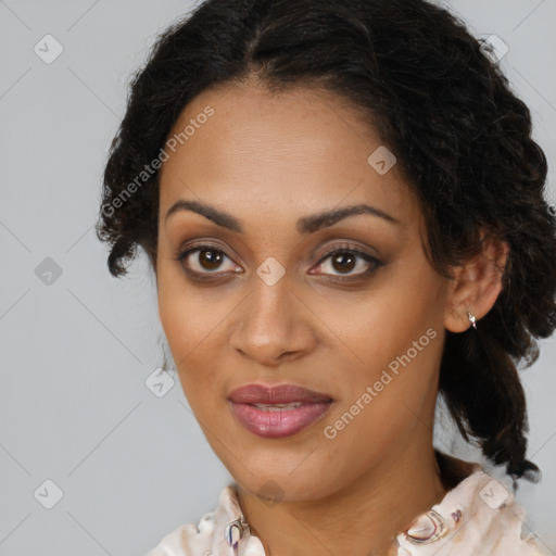 Joyful latino young-adult female with medium  brown hair and brown eyes