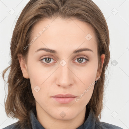 Neutral white young-adult female with medium  brown hair and grey eyes