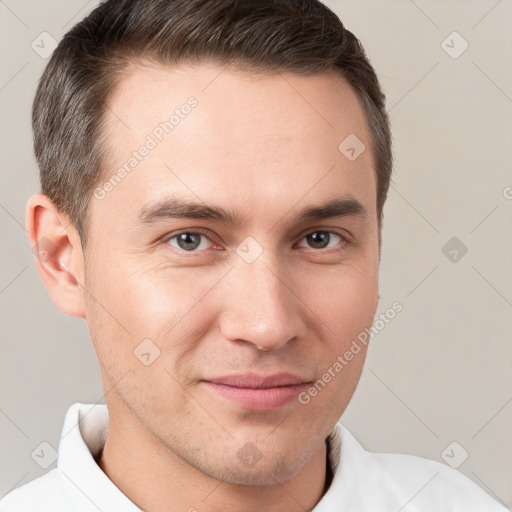 Joyful white young-adult male with short  brown hair and brown eyes