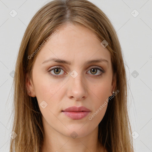 Neutral white young-adult female with long  brown hair and green eyes