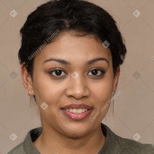 Joyful latino young-adult female with short  brown hair and brown eyes