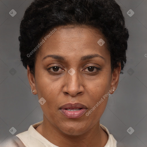 Joyful latino adult female with short  brown hair and brown eyes