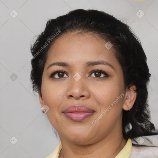 Joyful latino young-adult female with medium  black hair and brown eyes