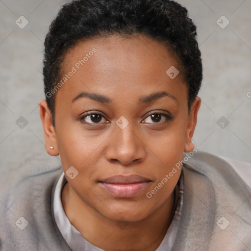 Joyful black young-adult female with short  brown hair and brown eyes