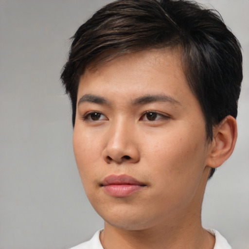 Neutral asian young-adult male with short  brown hair and brown eyes