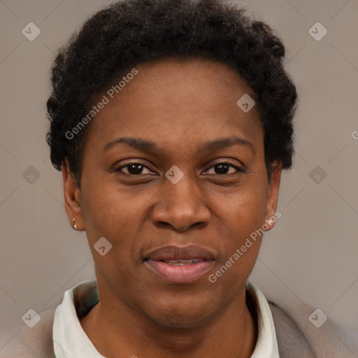 Joyful black adult female with short  brown hair and brown eyes