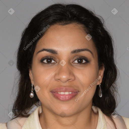 Joyful black young-adult female with medium  brown hair and brown eyes