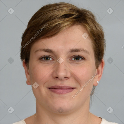 Joyful white young-adult female with short  brown hair and grey eyes