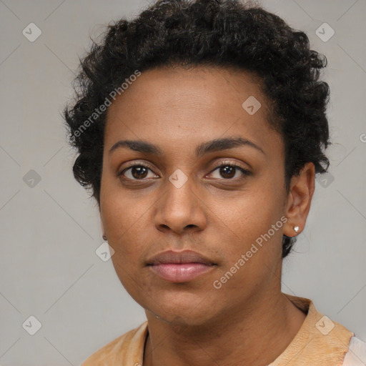 Neutral black young-adult female with short  black hair and brown eyes