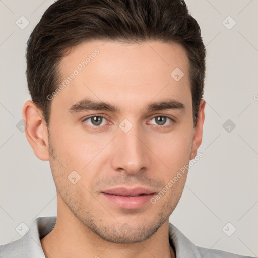 Neutral white young-adult male with short  brown hair and brown eyes