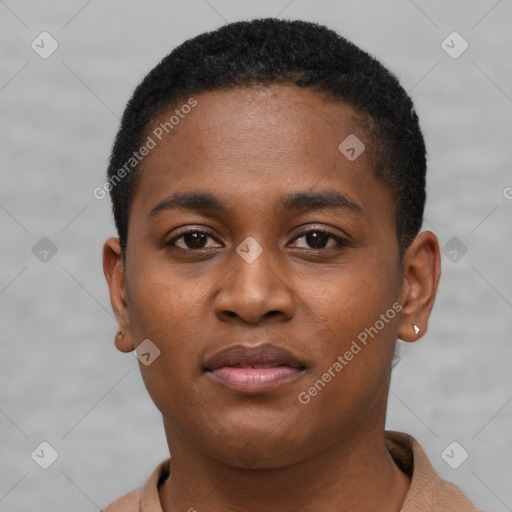 Neutral black young-adult female with short  brown hair and brown eyes