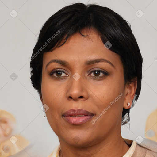 Joyful asian adult female with medium  brown hair and brown eyes