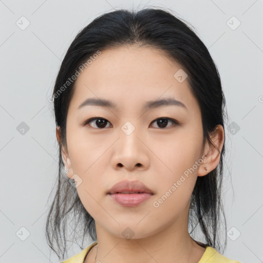 Neutral asian young-adult female with medium  black hair and brown eyes