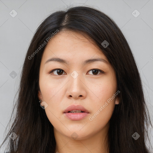 Neutral asian young-adult female with long  brown hair and brown eyes