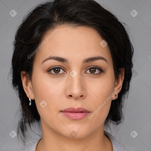 Neutral white young-adult female with medium  brown hair and brown eyes