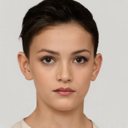 Neutral white young-adult female with short  brown hair and brown eyes