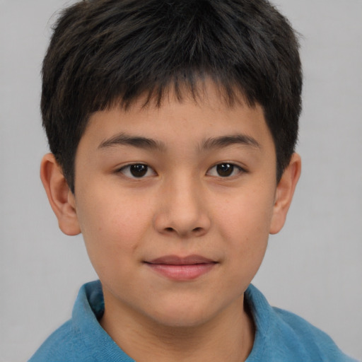 Joyful asian child male with short  brown hair and brown eyes
