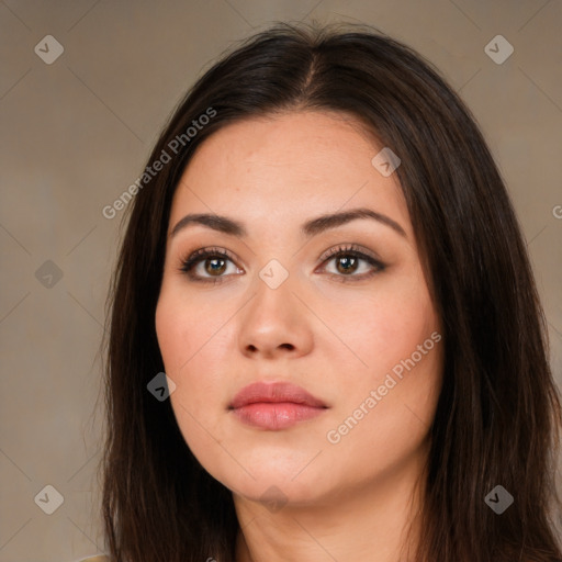 Neutral white young-adult female with long  brown hair and brown eyes