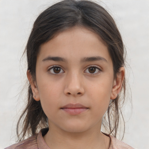 Neutral white child female with long  brown hair and brown eyes