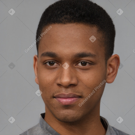 Joyful latino young-adult male with short  brown hair and brown eyes