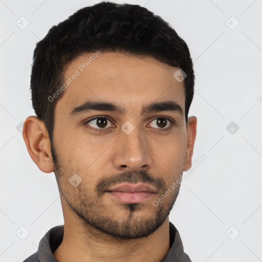 Neutral latino young-adult male with short  black hair and brown eyes