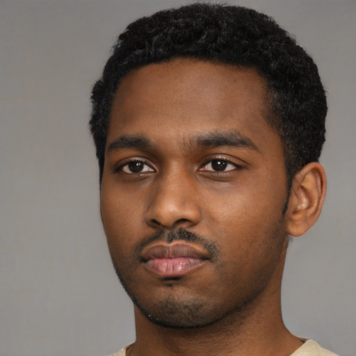 Neutral black young-adult male with short  black hair and brown eyes