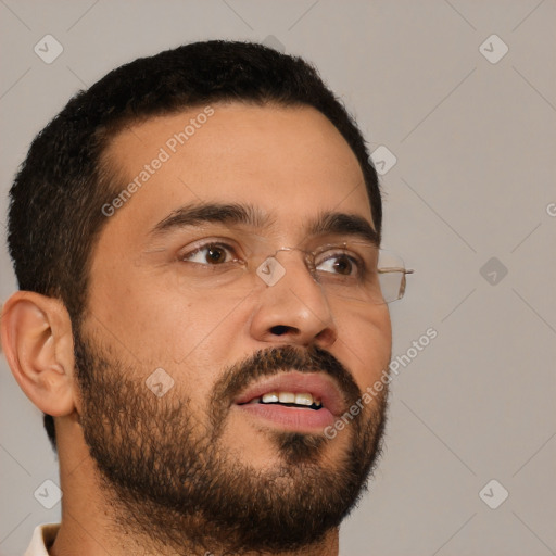 Neutral white young-adult male with short  brown hair and brown eyes