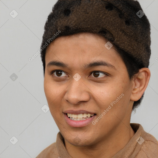 Joyful latino young-adult female with short  brown hair and brown eyes