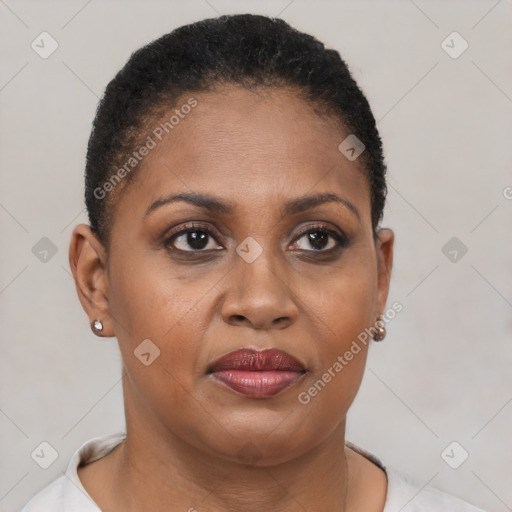 Joyful black adult female with short  brown hair and brown eyes