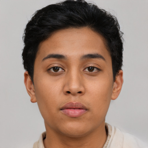 Neutral latino young-adult female with short  brown hair and brown eyes