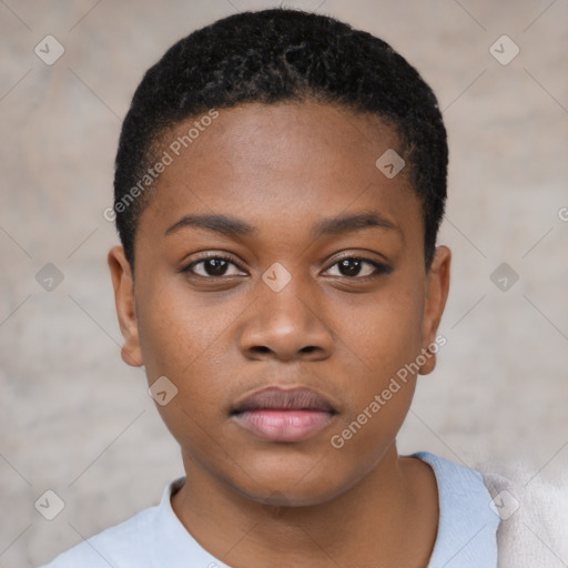 Neutral black young-adult female with short  black hair and brown eyes