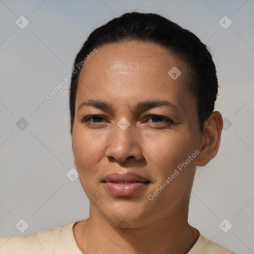 Joyful latino young-adult female with short  black hair and brown eyes