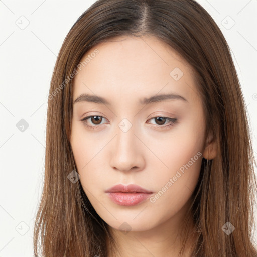 Neutral white young-adult female with long  brown hair and brown eyes