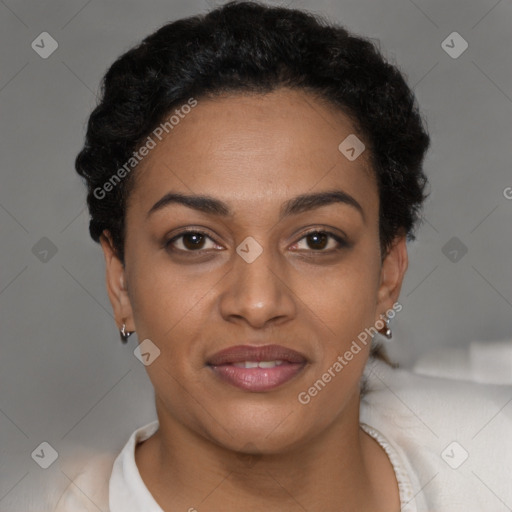 Joyful latino young-adult female with short  brown hair and brown eyes