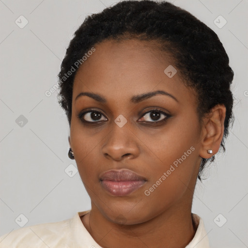 Neutral black young-adult female with short  black hair and brown eyes